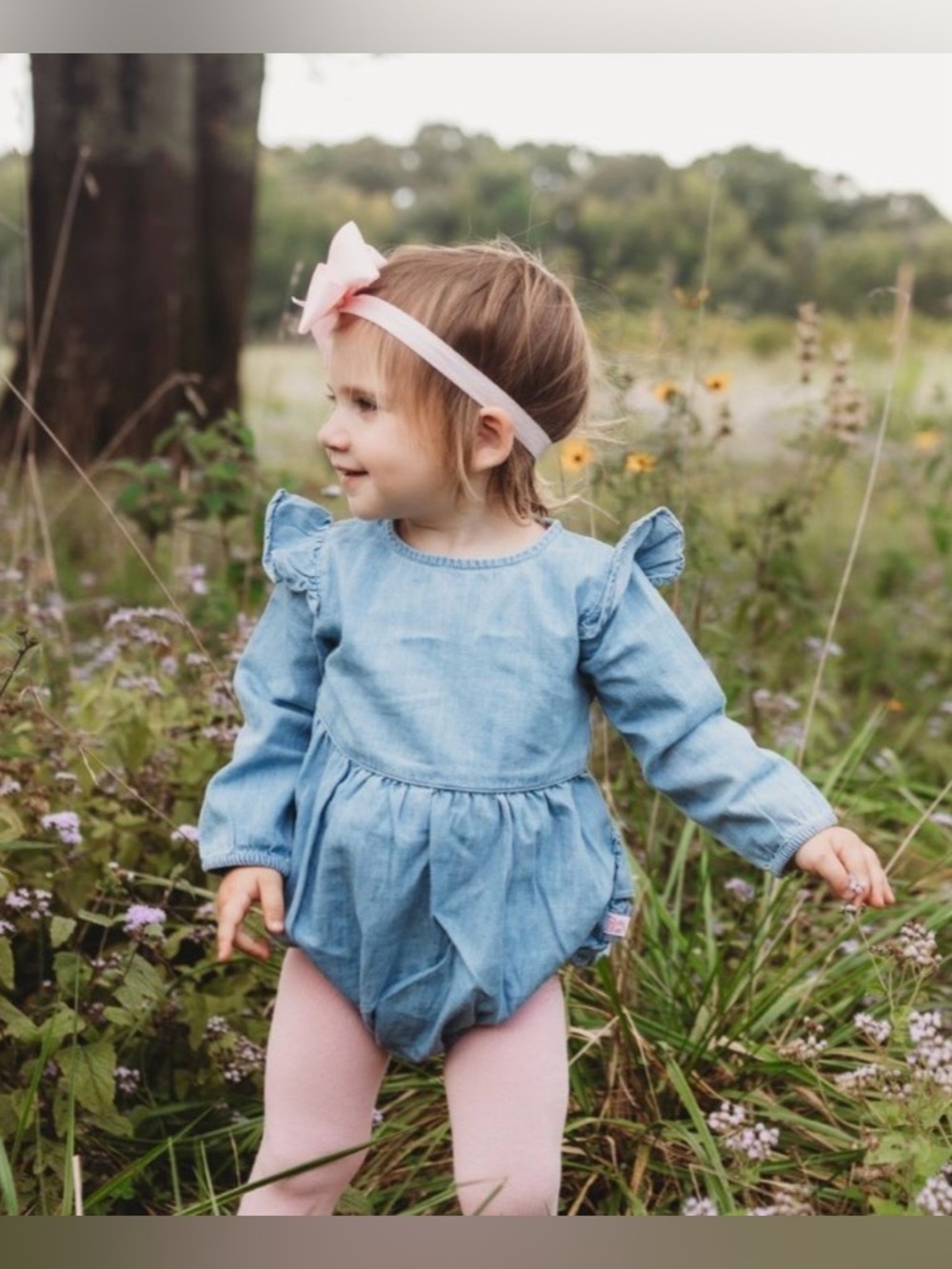 NWT Rufflebutts Baby girl denim long-sleeve bubble romper